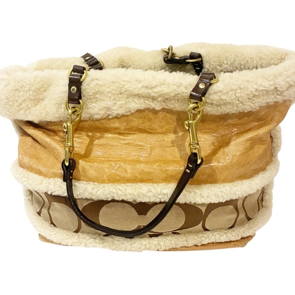 Coach Vintage Y2K Shearling Sherpa Stripe HandBag Shoulder Bag Tan - Picture 1 of 6